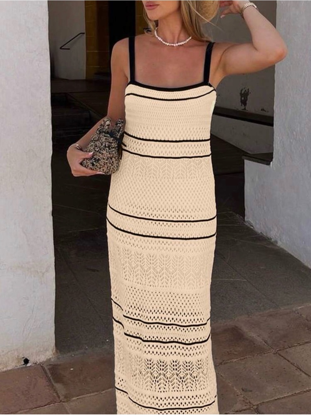 SHEIN Cream Maxi Knit Dress with Black Trim